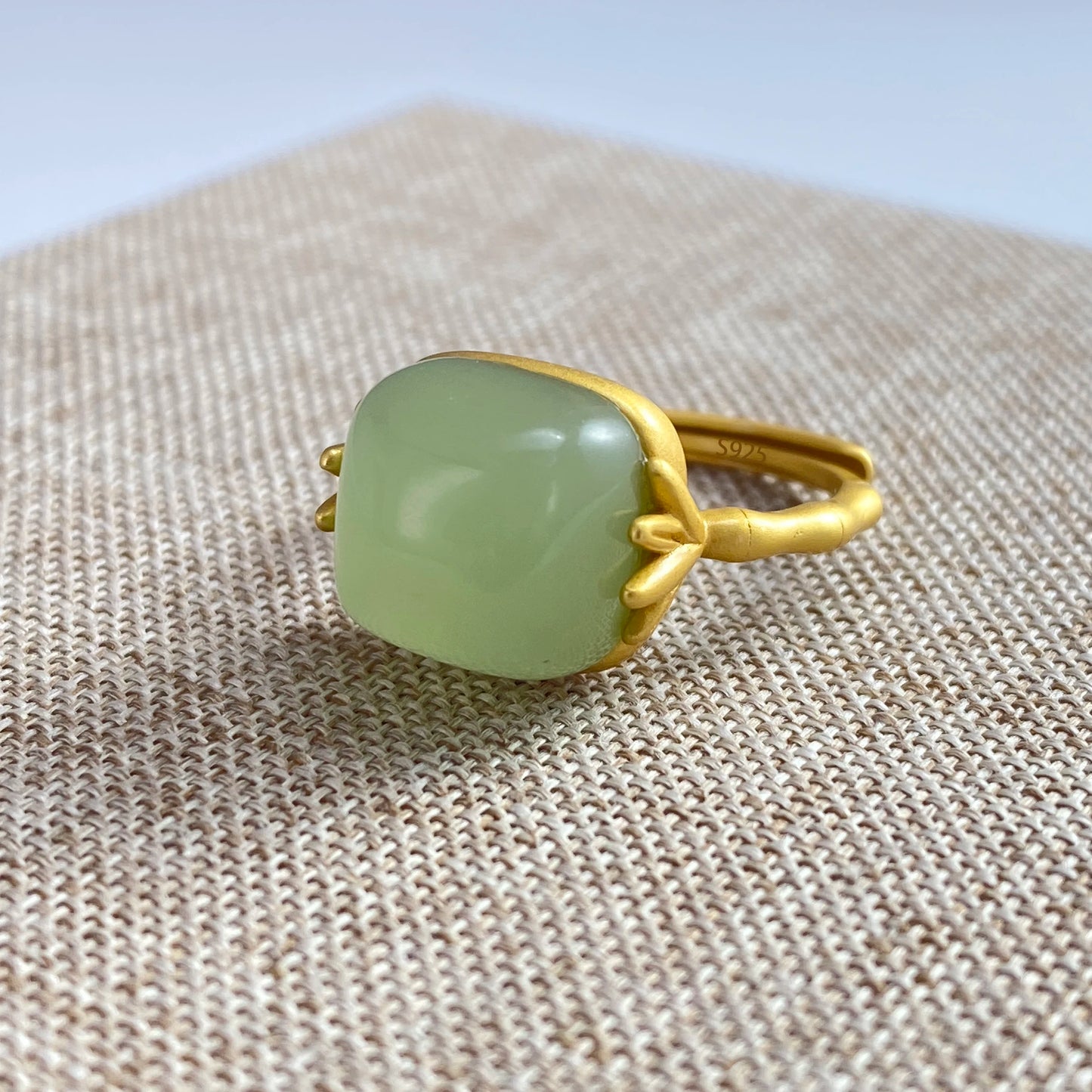 PANJBJ 925 Sterling Silver Hotan Jade Geometric Ring for Women Girl Adjustable Retro Delicate Jewelry Birthday Gift Dropshipping