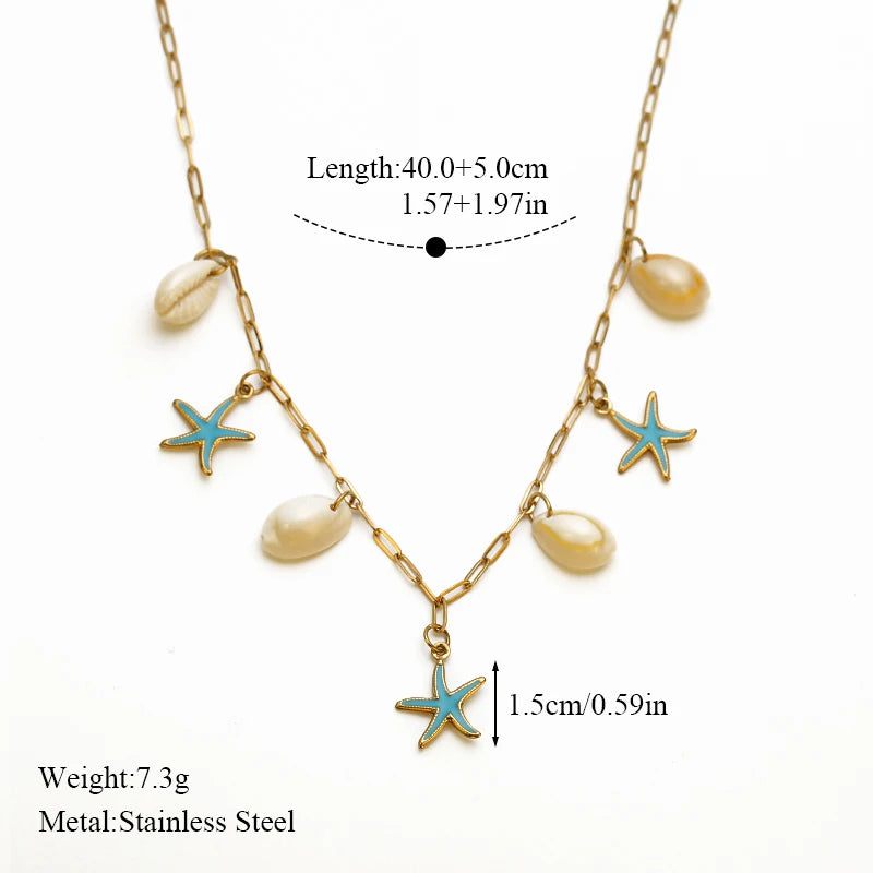EILIECK 316L Stainless Steel Charms Pearl Star Celadon Pendant Drop Necklace For Women Golden Popular Summer Fashion Jewelry