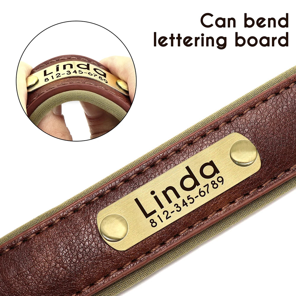 Customized PU Leather Nameplate Dog Collar Soft Padded Dogs Collars Free Engraving Name for Small Medium Large Dogs Adjustable - PrimeNest
