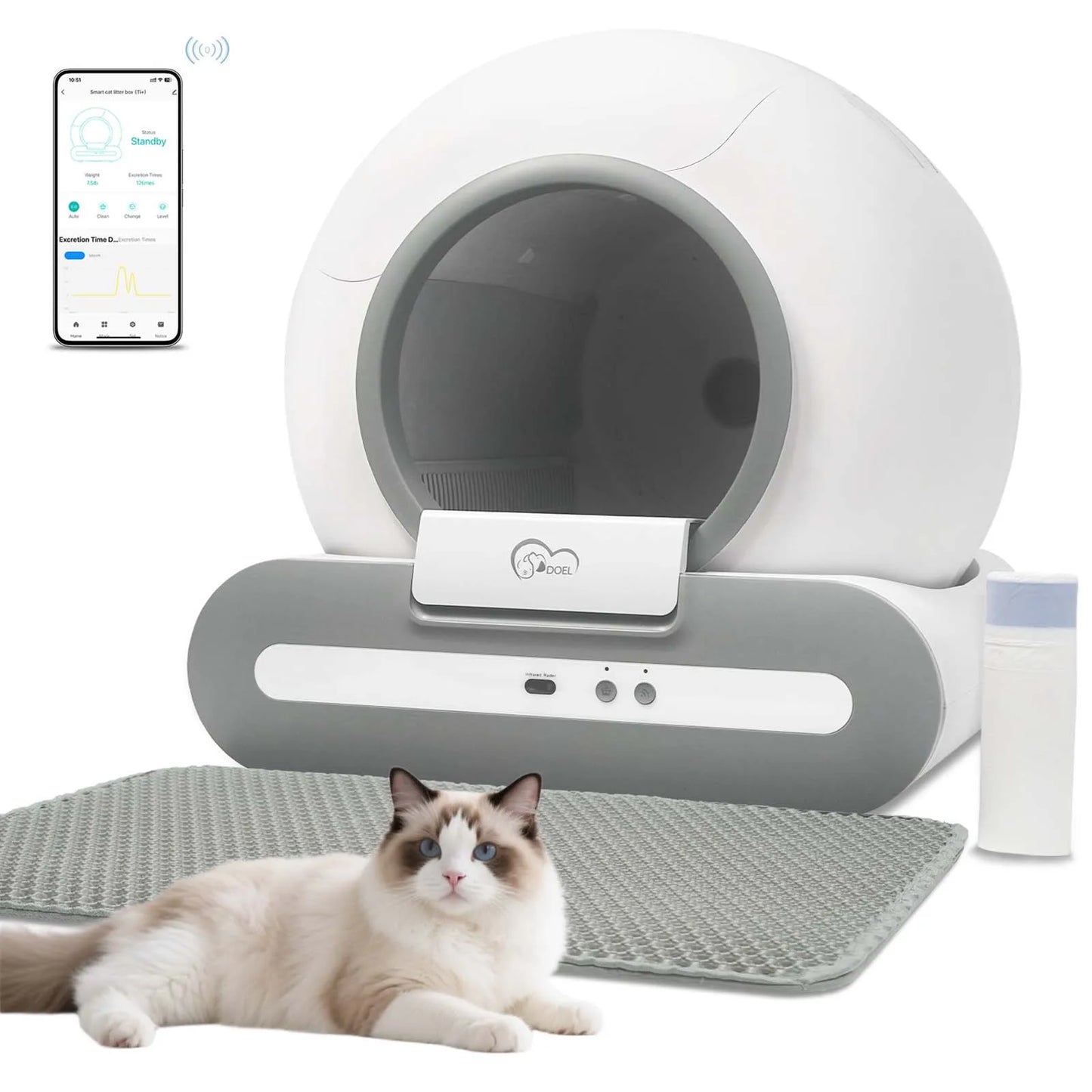 DOEL 65L Self-Cleaning Cat Litter Box App Control, ONLY Supports 2.4G WiFi w/Litter Mat&Trash Bags, Fit for Tofu & Mixed Litter - PrimeNest