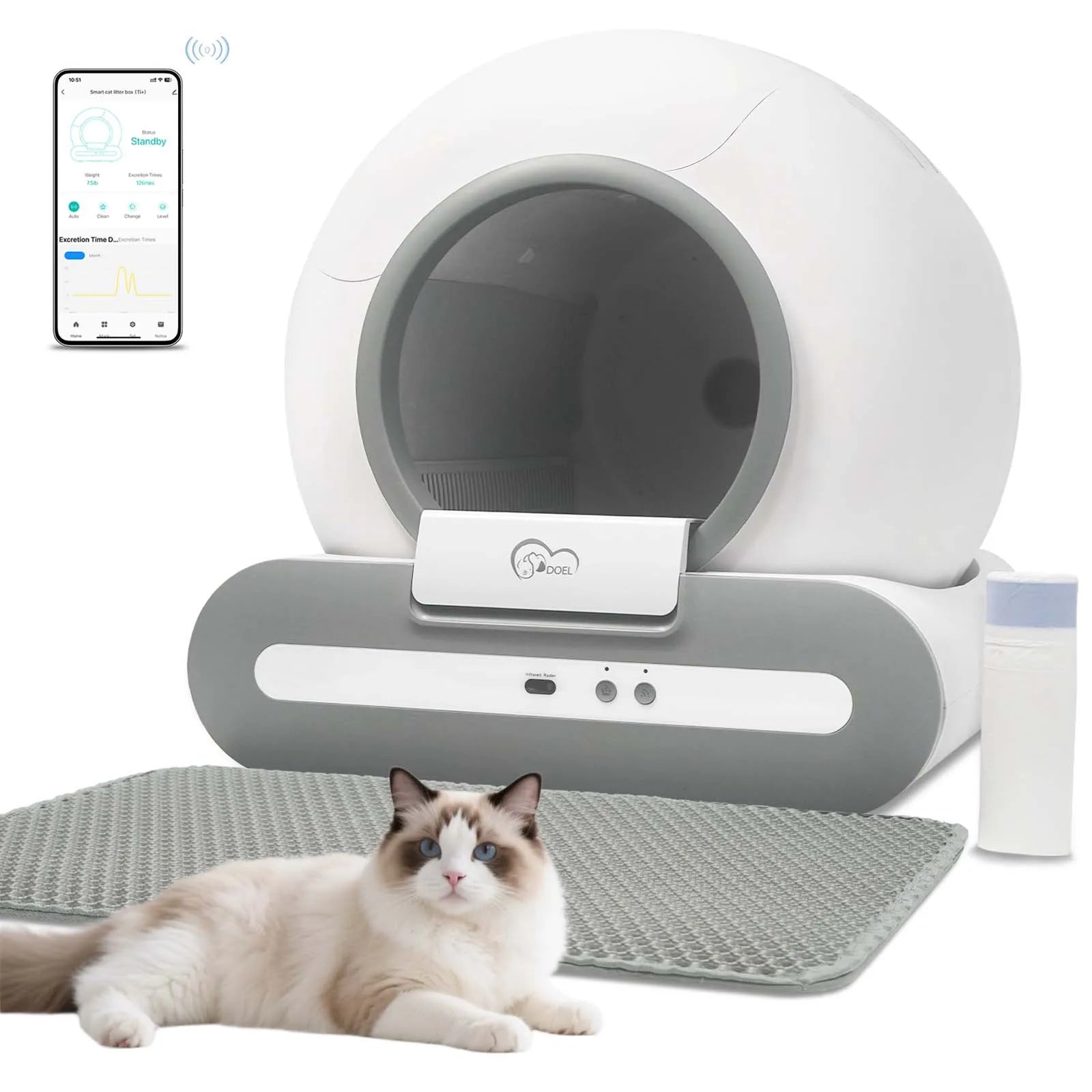 DOEL 65L Self-Cleaning Cat Litter Box App Control, ONLY Supports 2.4G WiFi w/Litter Mat&Trash Bags, Fit for Tofu & Mixed Litter - PrimeNest