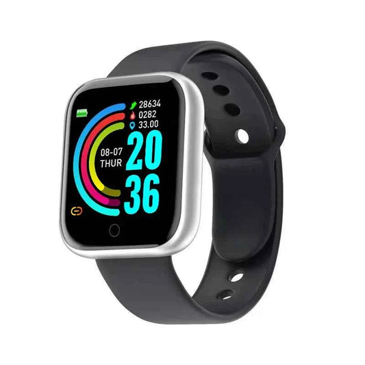 Black fitness smartwatch with square display and silicone sport band, showing colorful watch face
