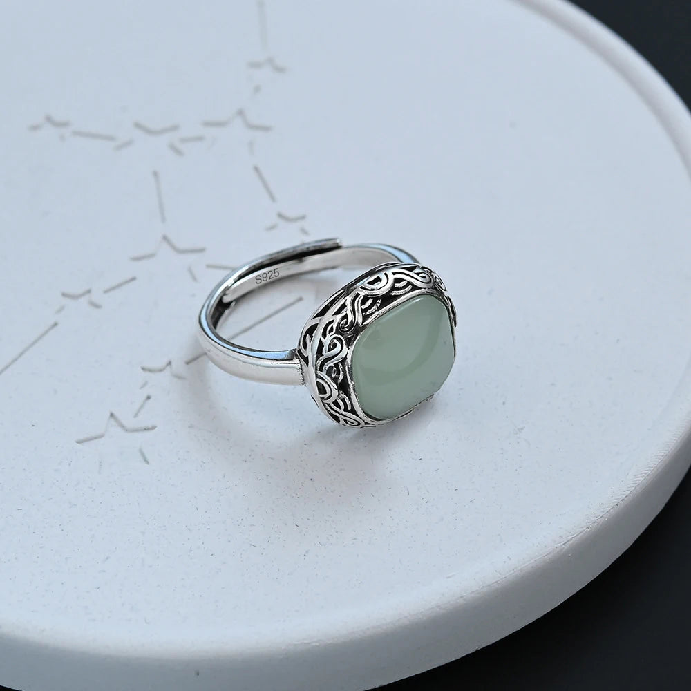 PANJBJ 925 Sterling Silver Hotan Jade Geometric Ring for Women Girl Adjustable Retro Delicate Jewelry Birthday Gift Dropshipping