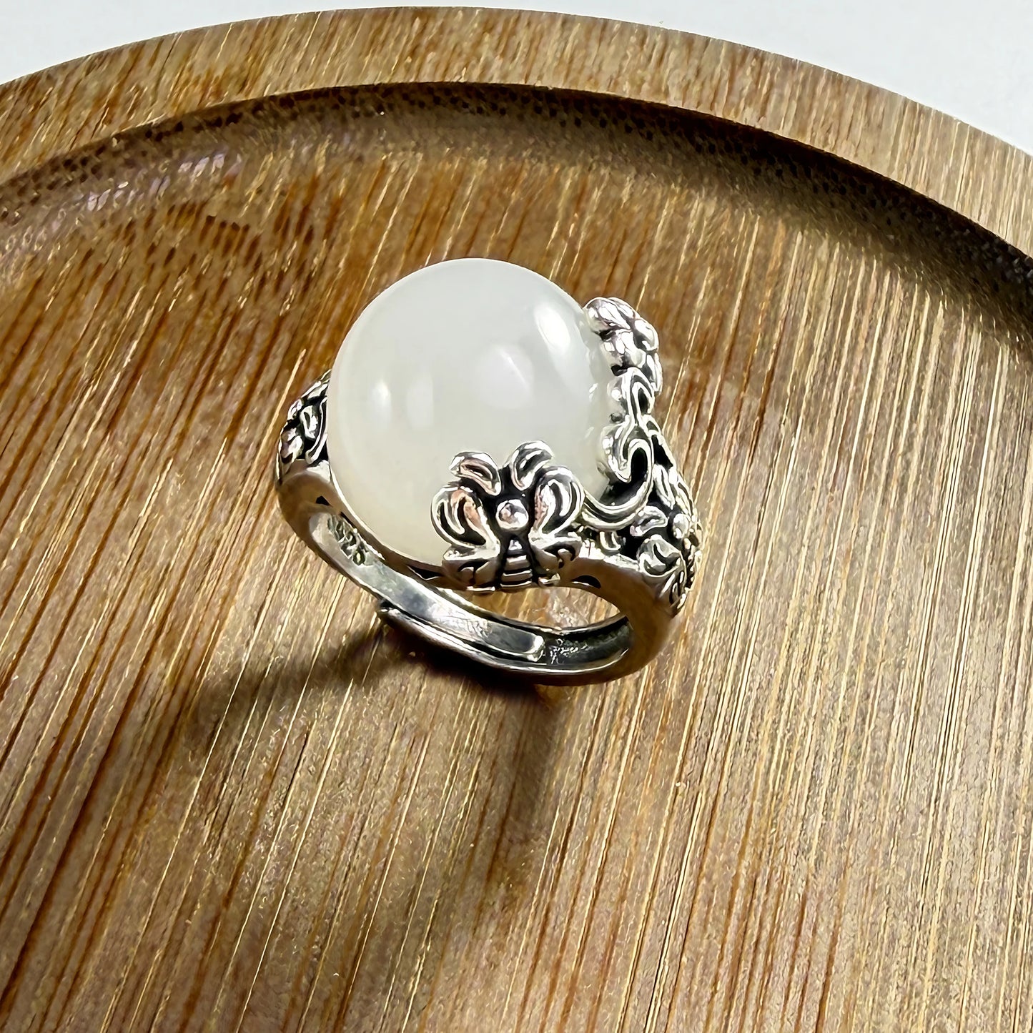 PANJBJ 925 Sterling Silver Hotan Jade Geometric Ring for Women Girl Adjustable Retro Delicate Jewelry Birthday Gift Dropshipping
