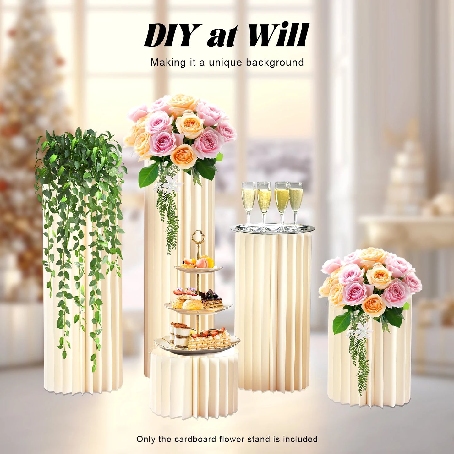 Milky white foldable cardboard flower stand set, 5-piece display with tall pedestal shapes