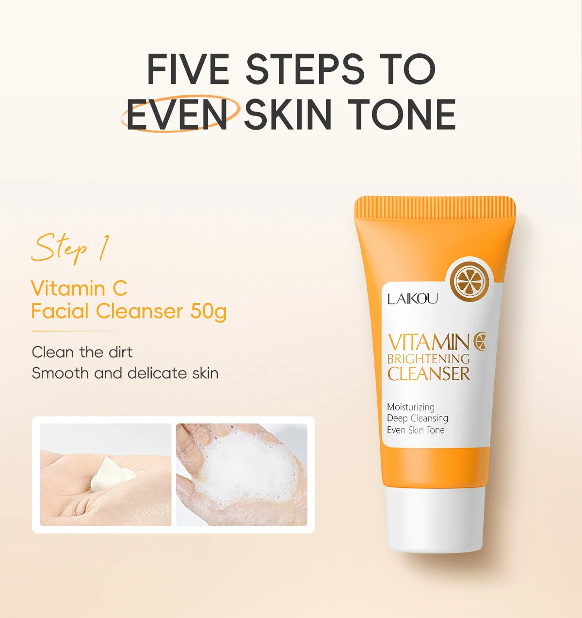 LAIKOU VITAMIN C Skincare Set Brightening 5Pcs Kit Even Skin Tone Smooth Wrinkle Tighten Pores Cleanser Toner Serum Eye Cream - PrimeNest