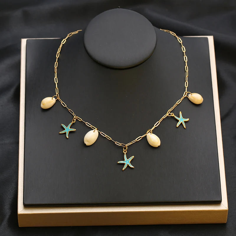 EILIECK 316L Stainless Steel Charms Pearl Star Celadon Pendant Drop Necklace For Women Golden Popular Summer Fashion Jewelry