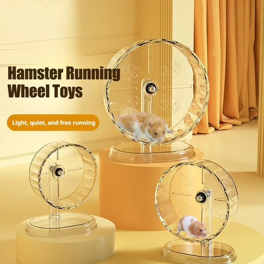 Clear acrylic hamster running wheel on stand, front view with central axle and bars
