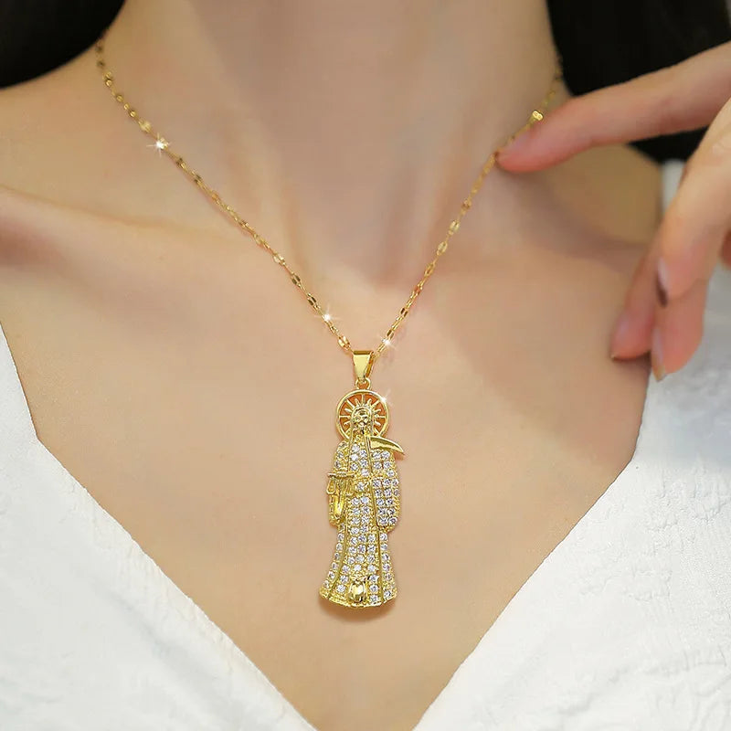 Stainless Steel Holy Death Necklace Saints Gold Color Plated Pendant Necklace Death Scythe Charms Christian Jewelry Santa Muerte