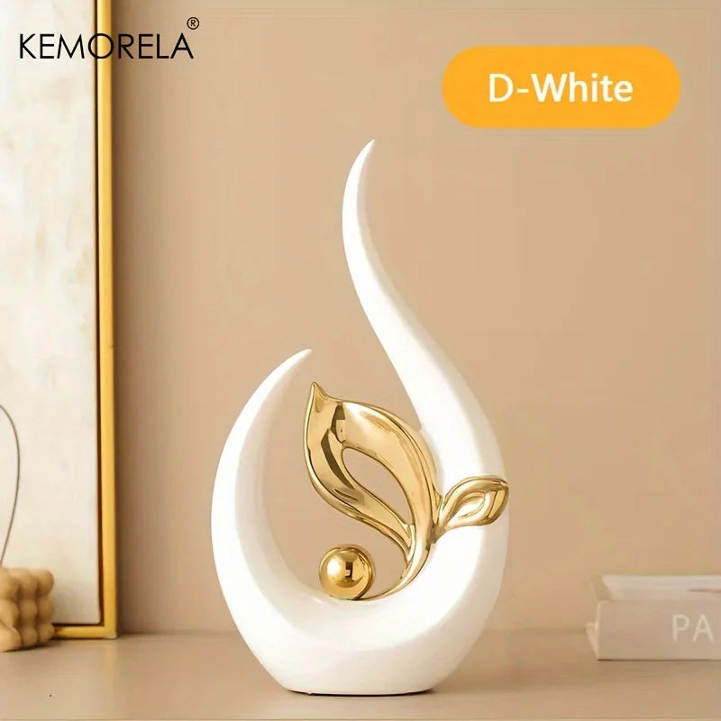 Nordic ceramic figurine with white crescent base and gold leaf ornament with round ball
