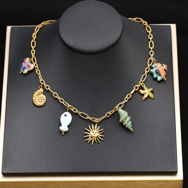 EILIECK 316L Stainless Steel Charms Pearl Star Celadon Pendant Drop Necklace For Women Golden Popular Summer Fashion Jewelry