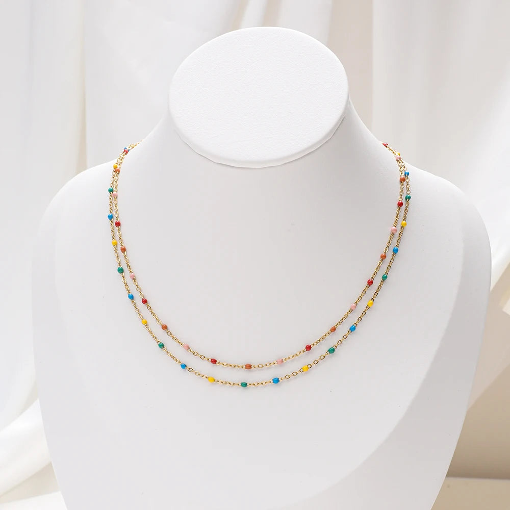 ZMZY Hot Pink Stainless Steel Link Cable Chain Fashion Gold Color Satellite Enamel Beads Necklace for Women Chic Summer Gift