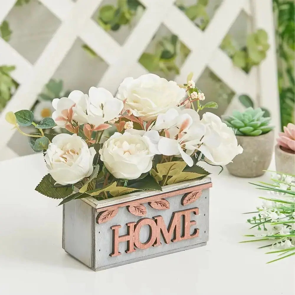 Artificial White Hydrangea in Wooden Pot