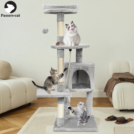 Grey indoor cat climbing tree with multi-level perches, condo, and hanging ball toy