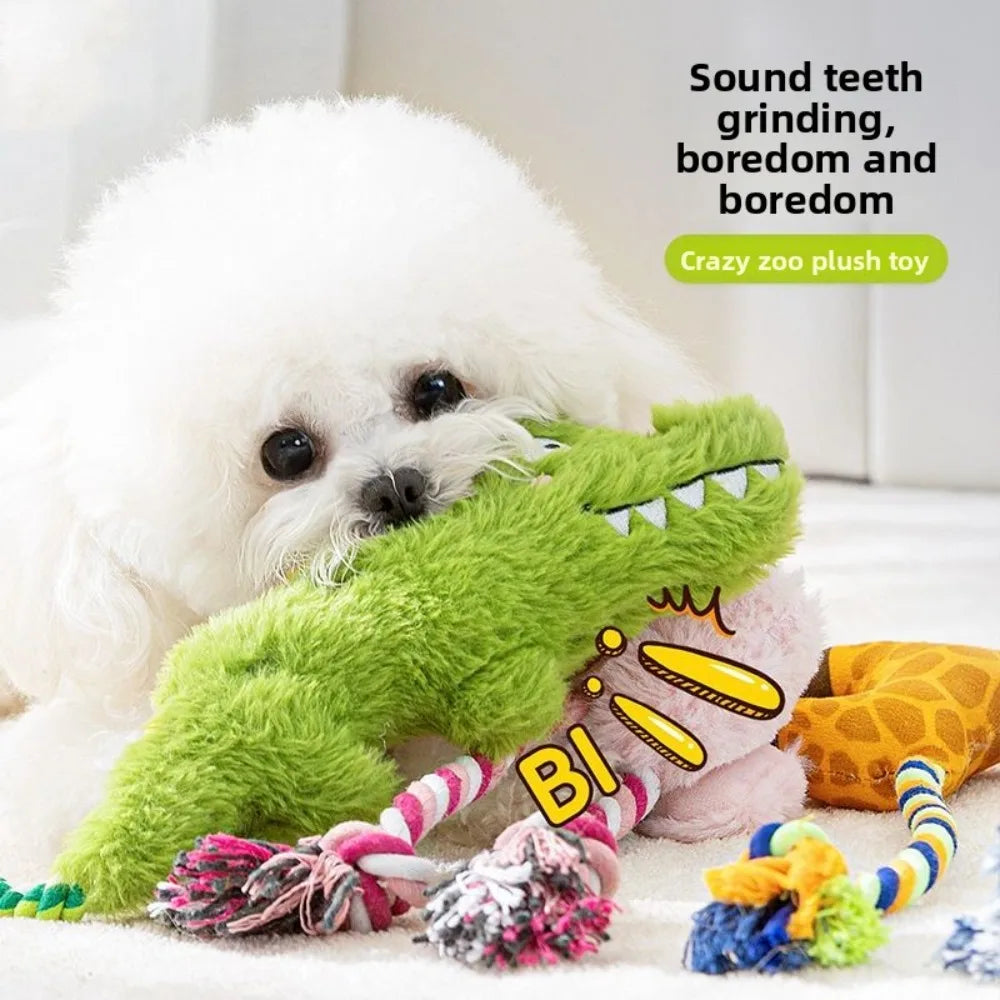 Green plush crocodile dog toy with squeaker and jagged tooth design