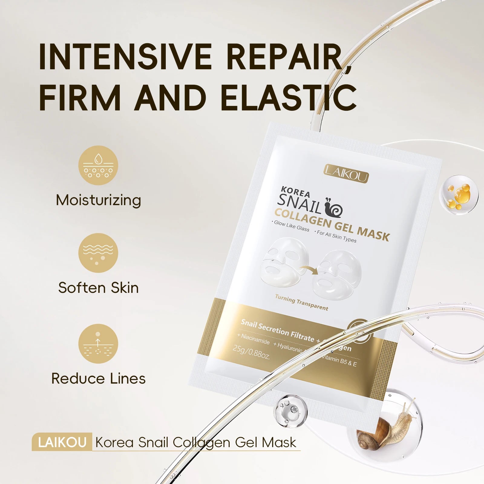 LAIKOU Korea Snail Collagen Essence Mask Hydrating Sheet Mask Anti-Wrinkle Face Mask Firming Skin Care 25g*20pcs - PrimeNest