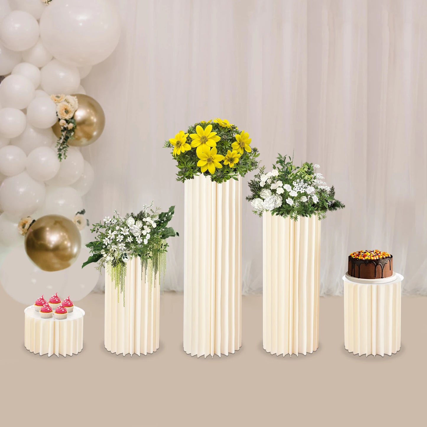 Milky white cardboard flower stand set with multiple tall pedestals for small flower displays