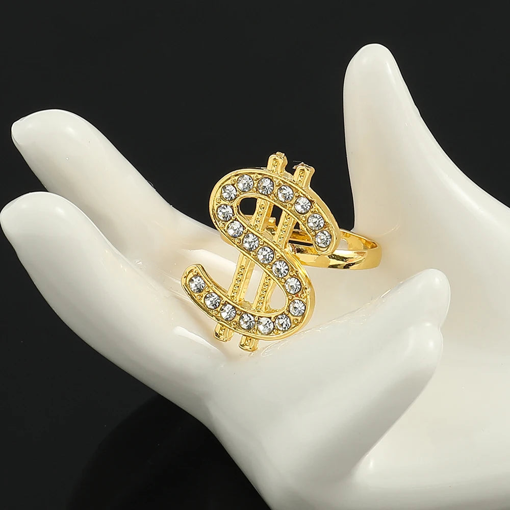 Adjustable Open Ring with Crystal Dollar Sign Punk Rapper Style Costume Jewelry for Trendy Fashion Accessory