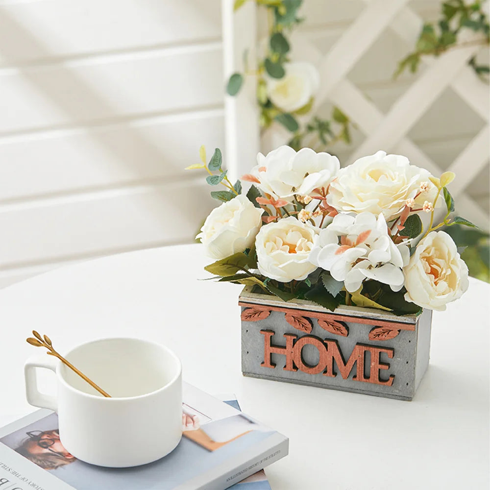 Artificial White Hydrangea in Wooden Pot