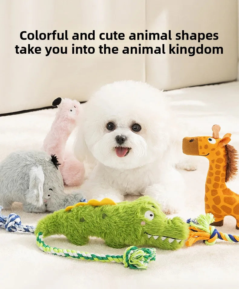 Green plush crocodile squeaky dog toy with rope tug tail and stitched eyes