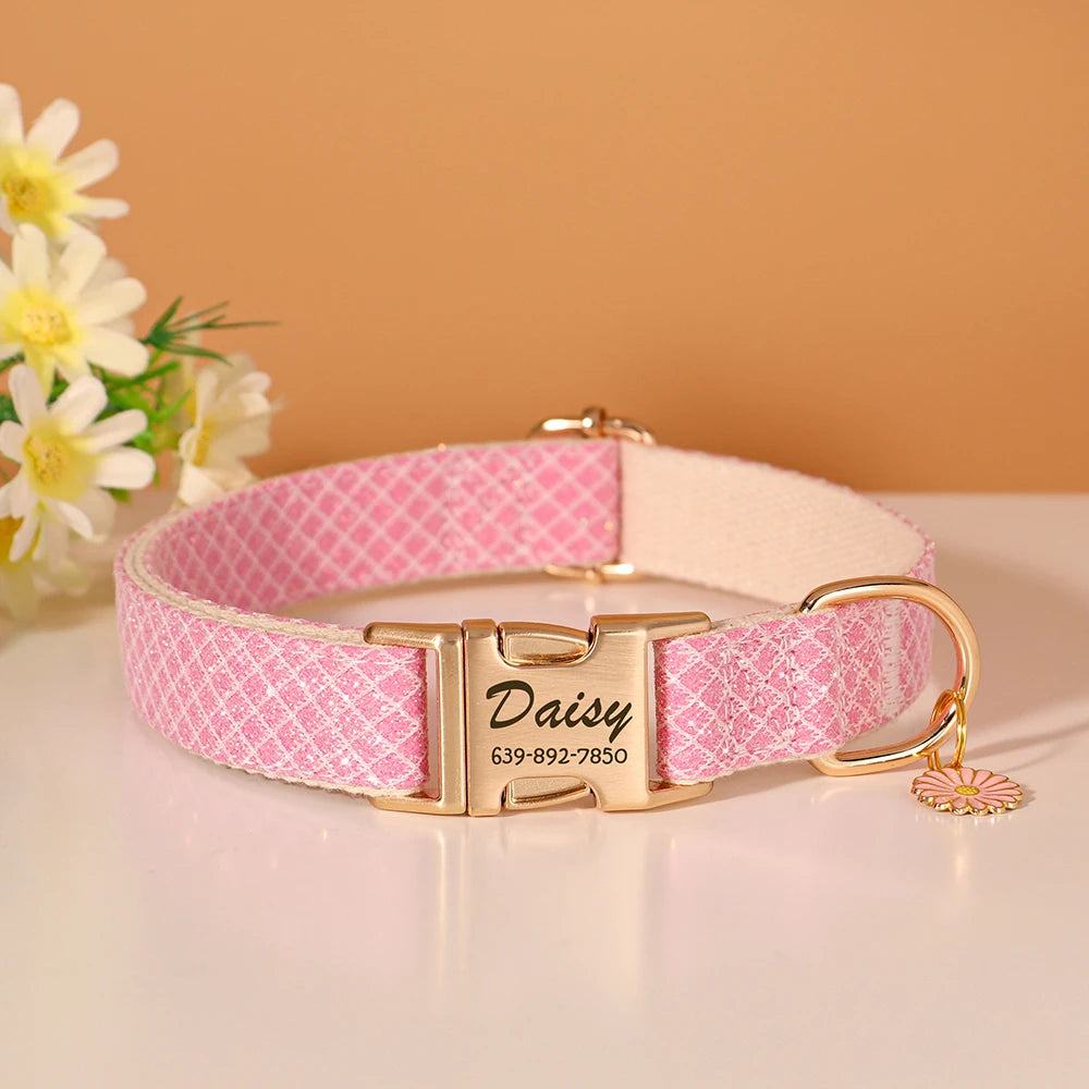 Custom Bling Nylon Dog Collar Free Engraved Puppy Dog ID Name Collars With Cute Flower Tag Accessory For Small Medium Dogs Cats - PrimeNest