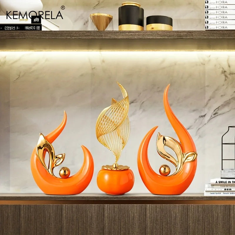 Nordic ceramic sculpture figurine set with orange bases and gold flame wire ornaments