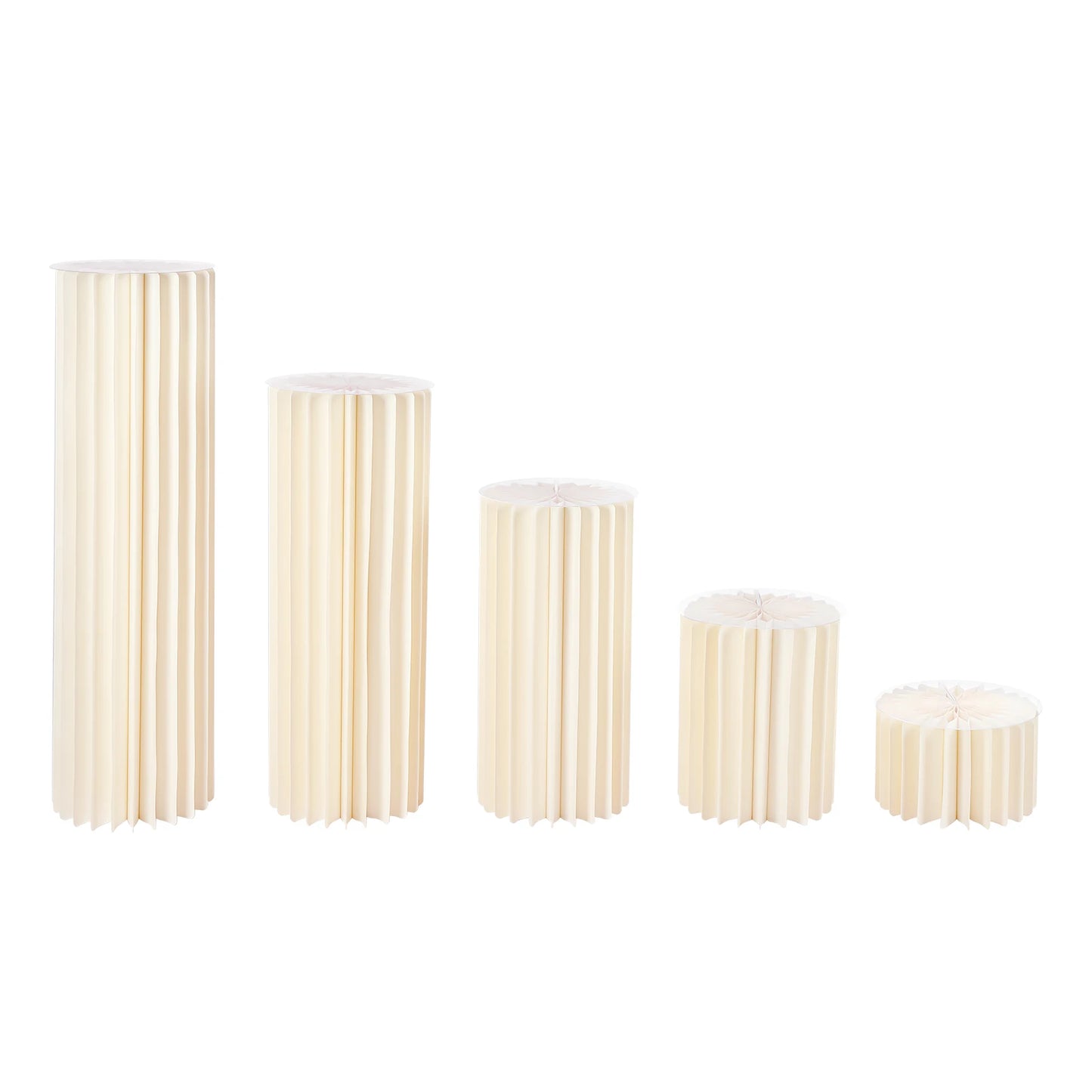 Milky white foldable cardboard flower stand set, five ridged cylinders lined up