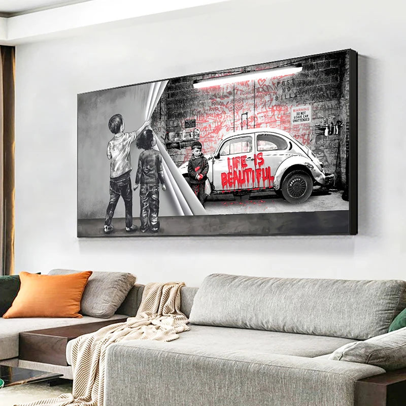 Banks Graffiti Art Fun Two Children Pulling Cloth Posters and Print Canvas Painting Wall Art Pictures for Living Room Home Decor
