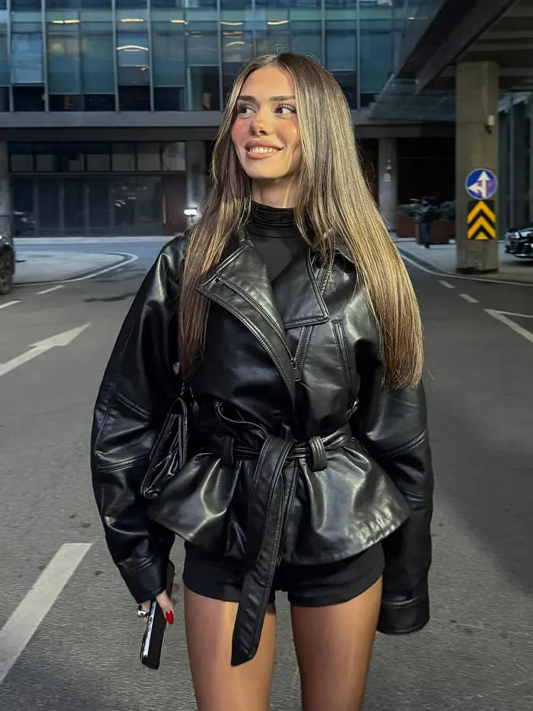 Faux Leather Belted Moto Jacket