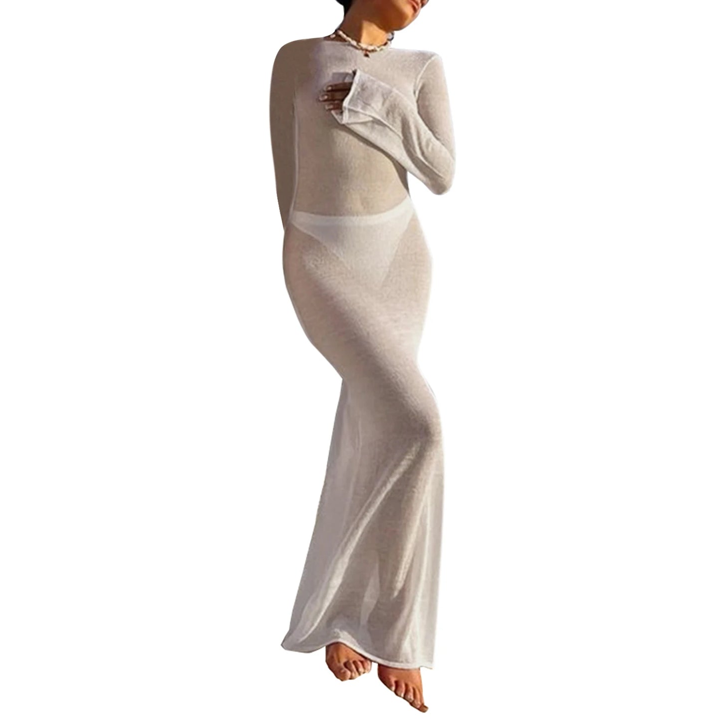 Fashion Women Wrapped Dress Long Sleeve Round Neck See Through Sunscreen Solid Color Backless Beach Long Dress Summer Cover Up - PrimeNest