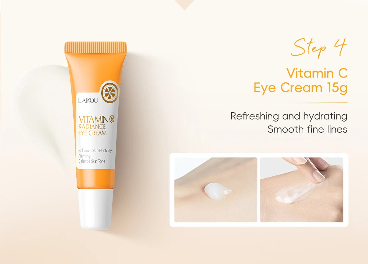 LAIKOU VITAMIN C Skincare Set Brightening 5Pcs Kit Even Skin Tone Smooth Wrinkle Tighten Pores Cleanser Toner Serum Eye Cream - PrimeNest