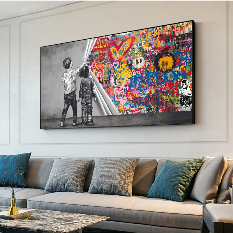Banks Graffiti Art Fun Two Children Pulling Cloth Posters and Print Canvas Painting Wall Art Pictures for Living Room Home Decor