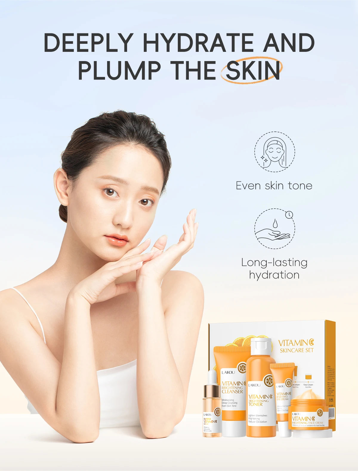 LAIKOU VITAMIN C Skincare Set Brightening 5Pcs Kit Even Skin Tone Smooth Wrinkle Tighten Pores Cleanser Toner Serum Eye Cream - PrimeNest