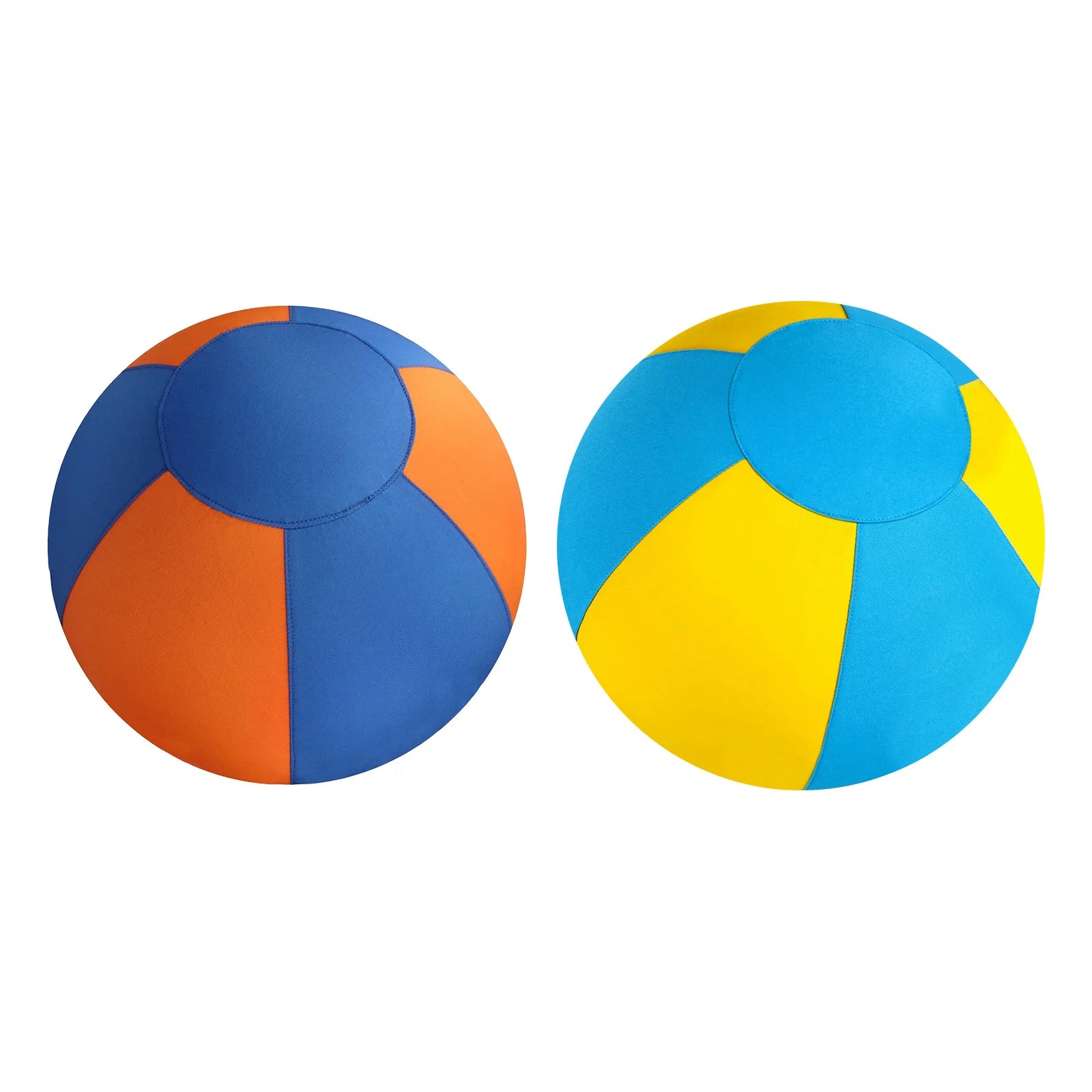 Two dog herding balls: blue-and-orange and blue-and-yellow on white background