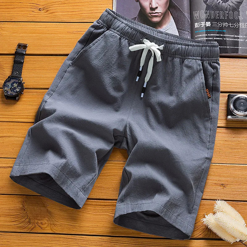 Men's gray casual shorts with elastic waist and white drawstring