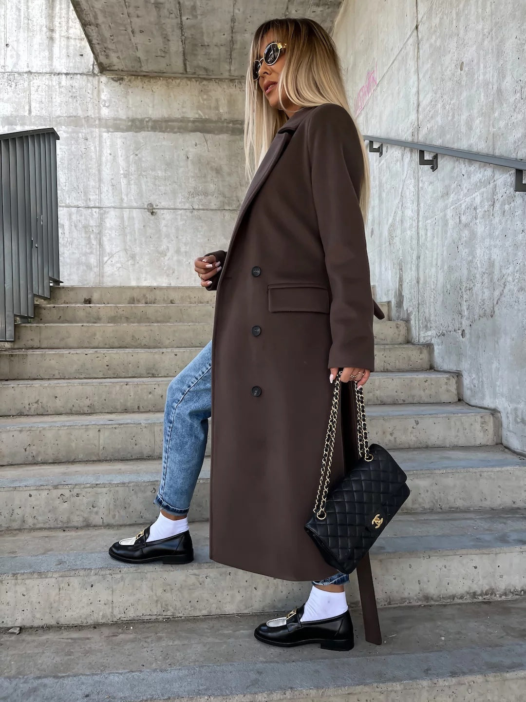 Double-breasted Lapel Split Jacket With Belt Winter Fashion Casual Long Sleeve Button Daily Coats For Women Clothing-2
