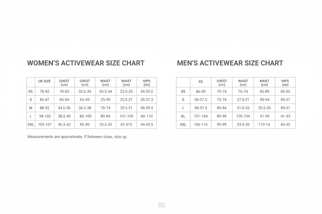 Sports gym shorts size chart with women’s and men’s measurements grid