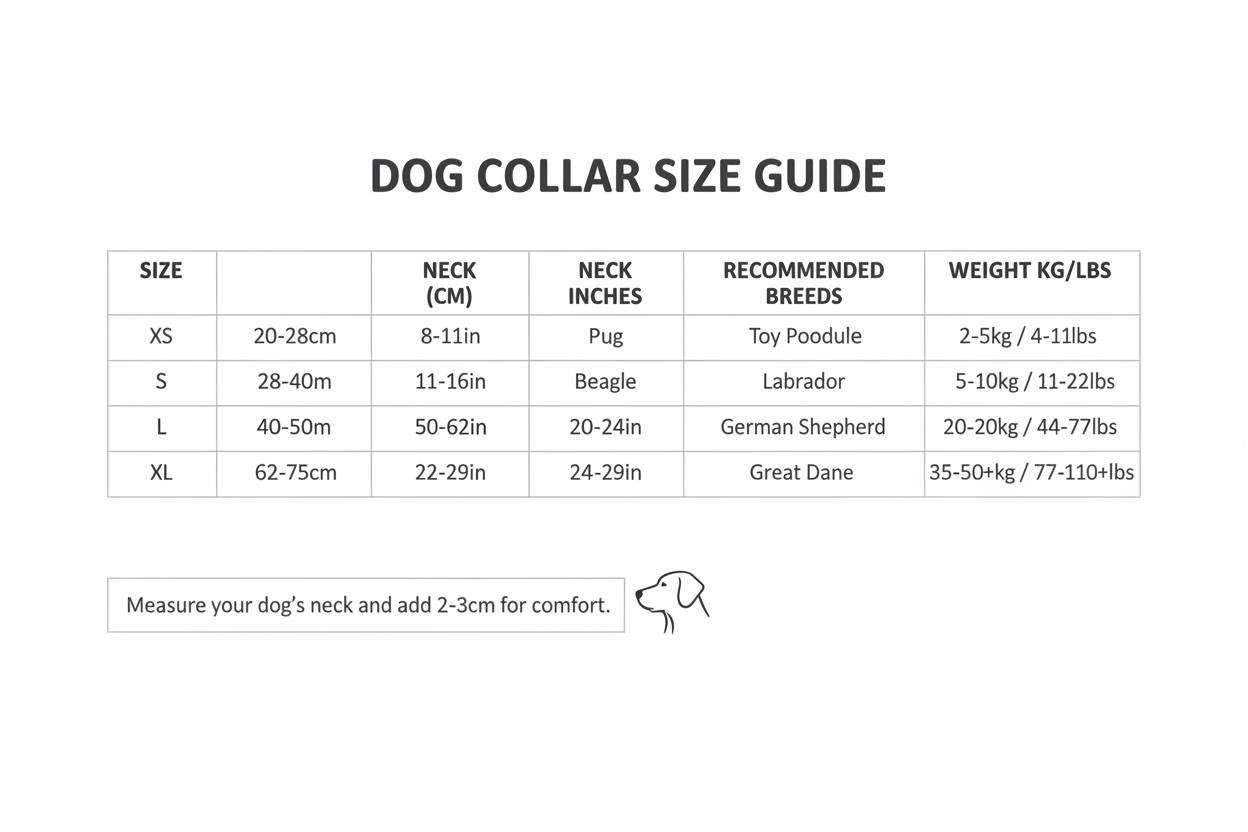 Dog collar size guide chart with neck measurements and recommended breeds
