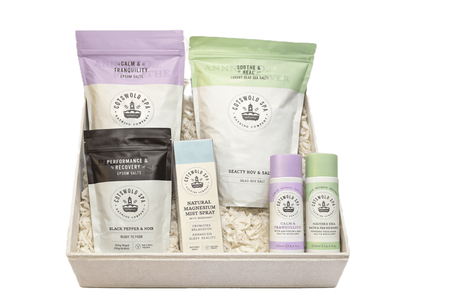 Wellness hamper gift basket with lavender, green pouches, sprays, and two bottles