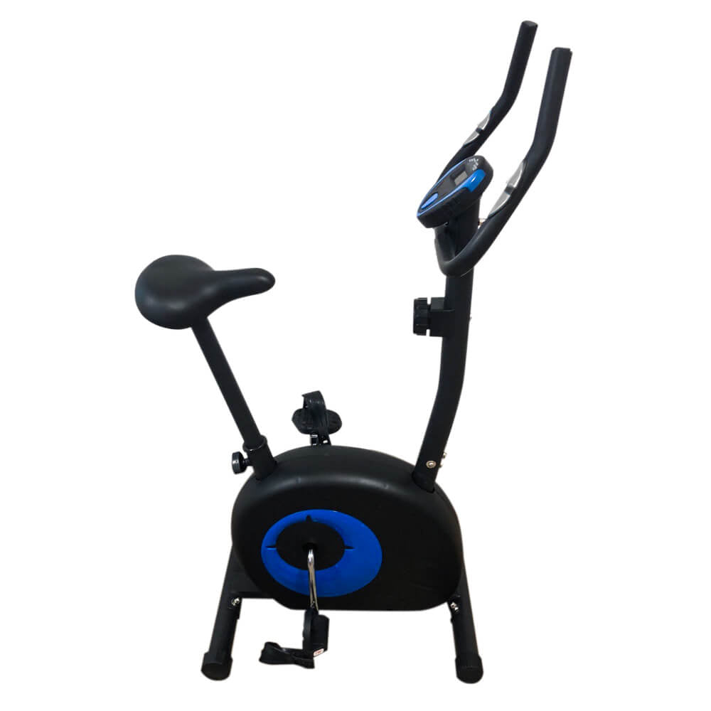 Black stationary exercise bike with blue flywheel, curved handlebars, and padded seat