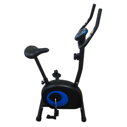 Black stationary exercise bike with blue flywheel, curved handlebars, and padded seat