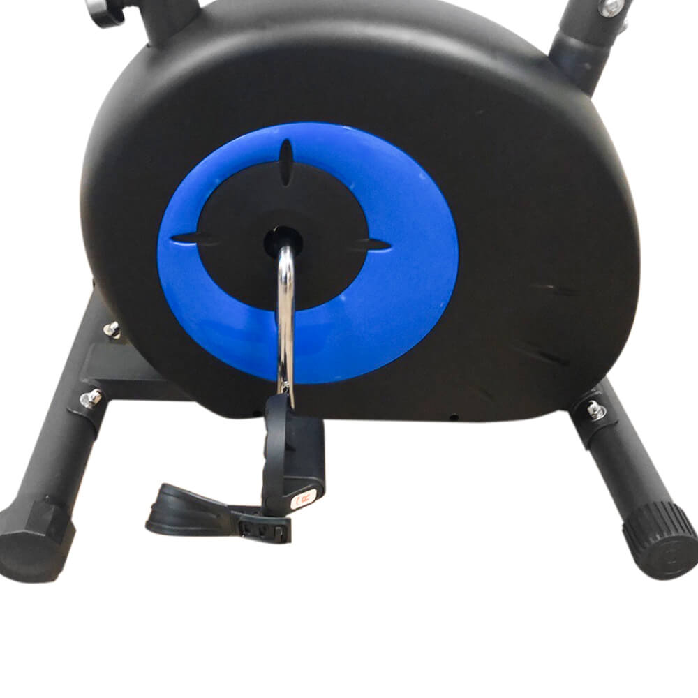 Stationary bike flywheel housing with blue center disc and crank