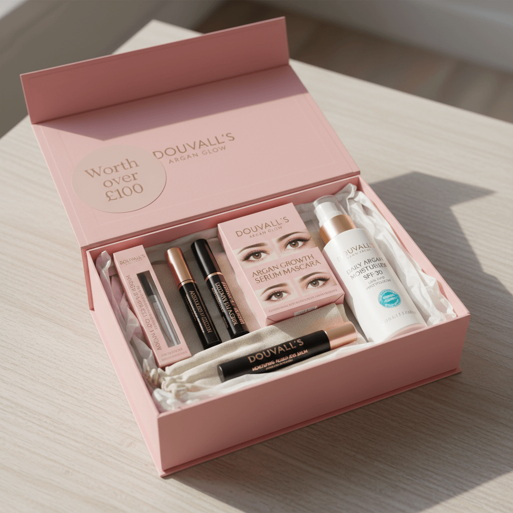 Open Argan Glow beauty box with mini serums, mascara, and skincare tubes inside