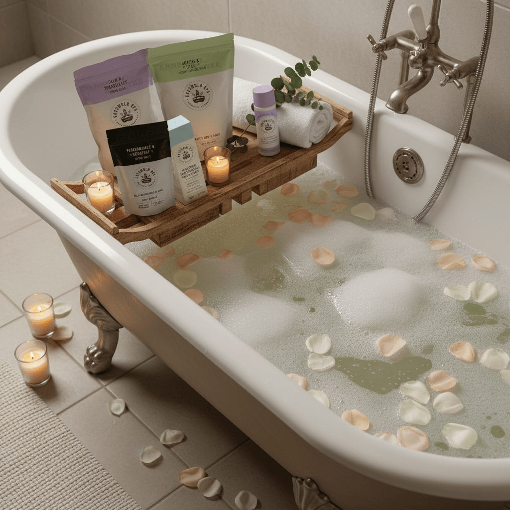 Wellness hamper bath set with pouches, spray bottles, and candles on a wooden tray