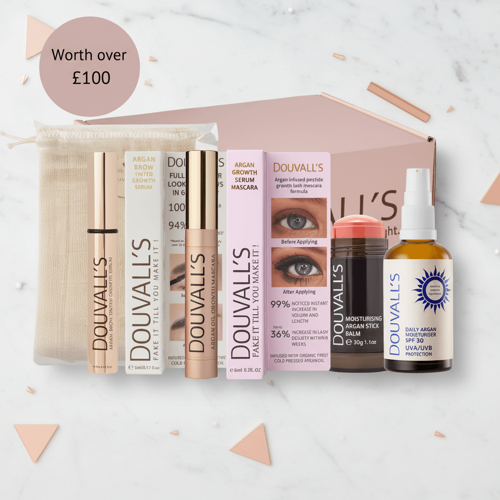 Argan beauty box set with pouch, serums, mascara, and facial oil and spray