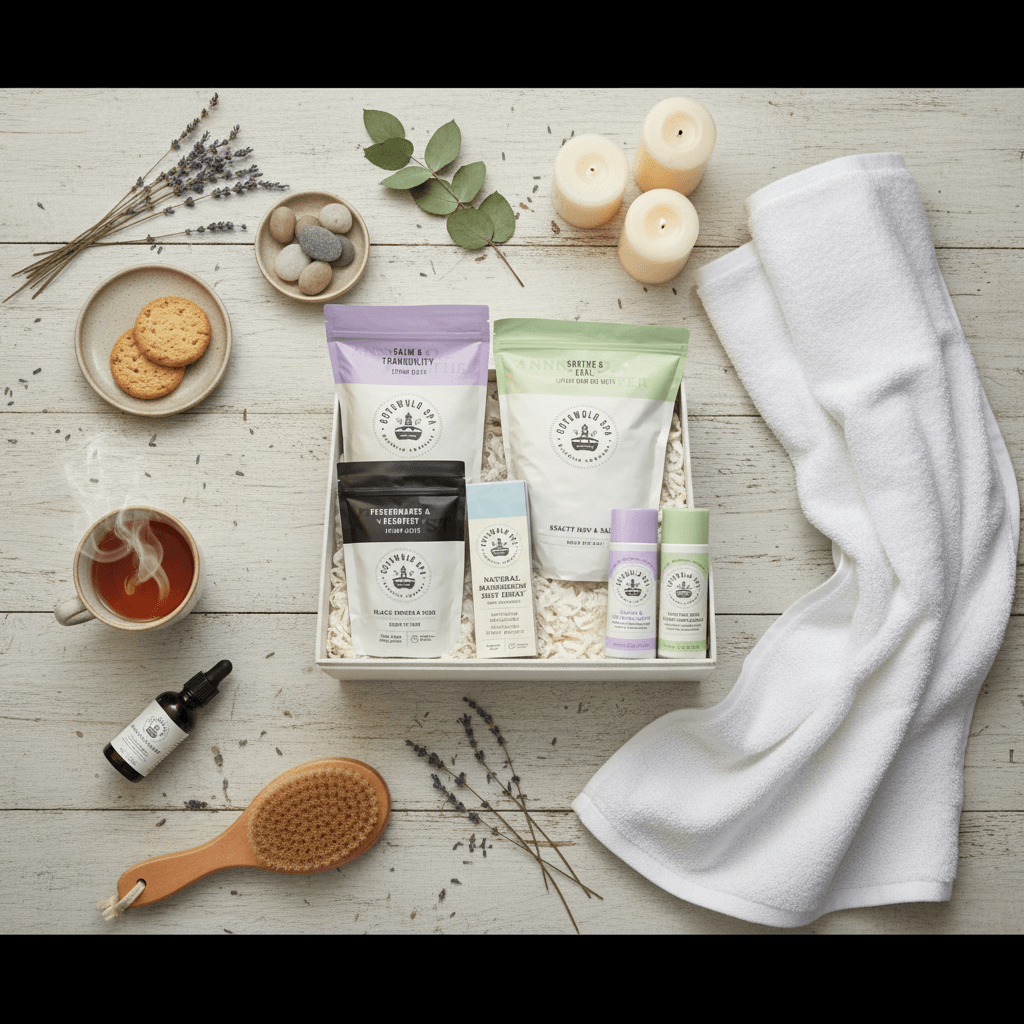 Wellness hamper gift box with bath items: pouches, sprays, bottle, and towel