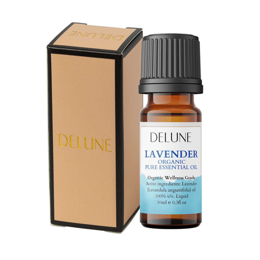 Delune lavender organic essential oil bottle with amber glass and ribbed black cap