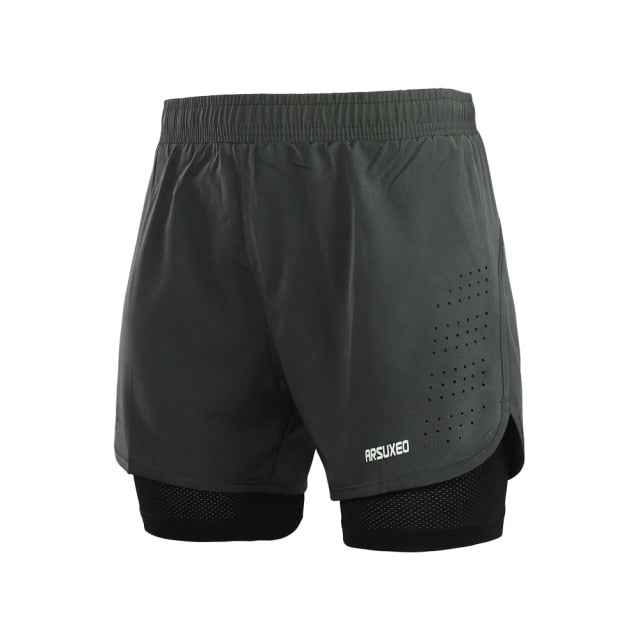 Men's dark 2-in-1 running shorts back view with black inner lining, elastic waist.