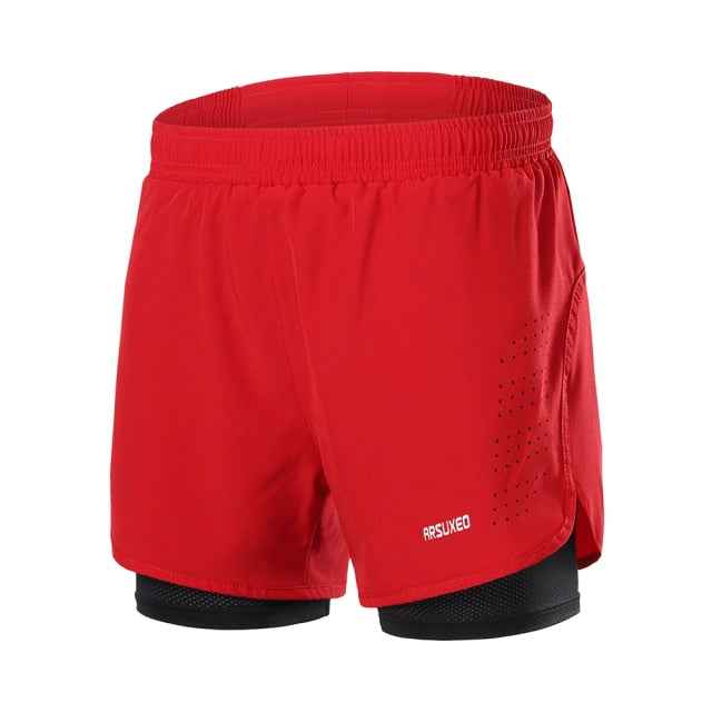 Men's red 2-in-1 running shorts back view with black inner mesh, elastic waist.
