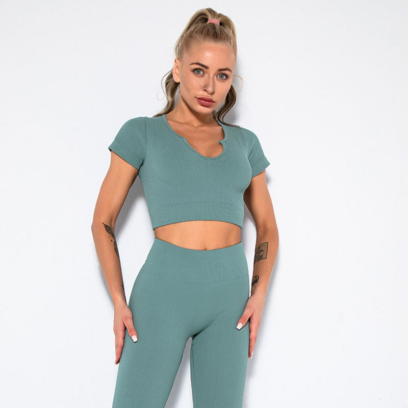 Seamless Yoga Shirt Deep V-Neck Women Fitness Short Sleeve Crop Top Workout Tops Gym Clothes Running Sports T-shirts Sportswear-2